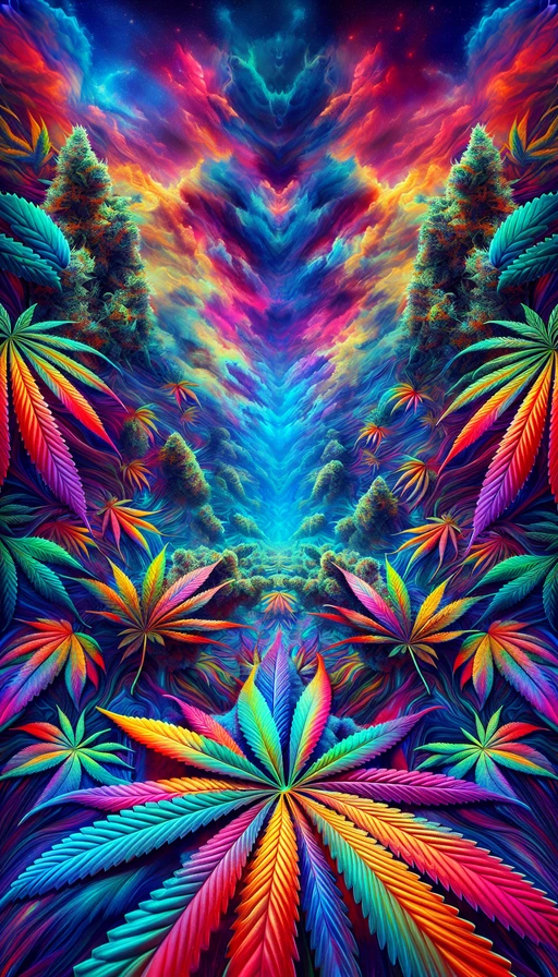 Un caleidoscopio de hojas de marihuana con colores psicodélicos que se funden en un horizonte surrealista. Modo vertical.