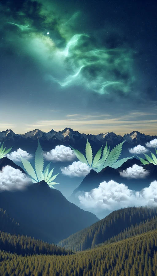 Un paisaje surrealista donde montañas de cannabis se mezclan con nubes en forma de hojas, creando un horizonte etéreo. Modo vertical.