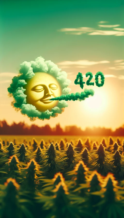 Un sol verde y amarillo en el horizonte, su rostro luciendo plácido y relajado. De su boca emana un suave humo que se eleva por el cielo, formando cuidadosamente el número "420" entre nubes etéreas. La luz del sol baña un campo de cannabis en tonos cálidos y vibrantes. Modo vertical.