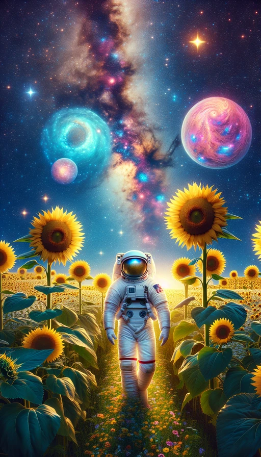 Un astronauta flotando en un campo de girasoles gigantes, bajo un cielo lleno de galaxias coloridas. Modo vertical.