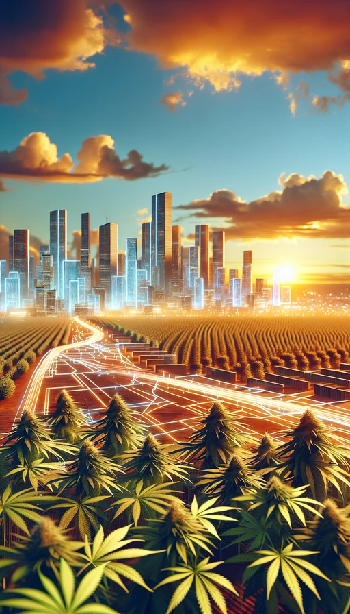 Un paisaje futurista donde una ciudad está integrada en armonía con grandes plantas de cannabis. Cielo al atardecer en colores cálidos. Modo vertical.