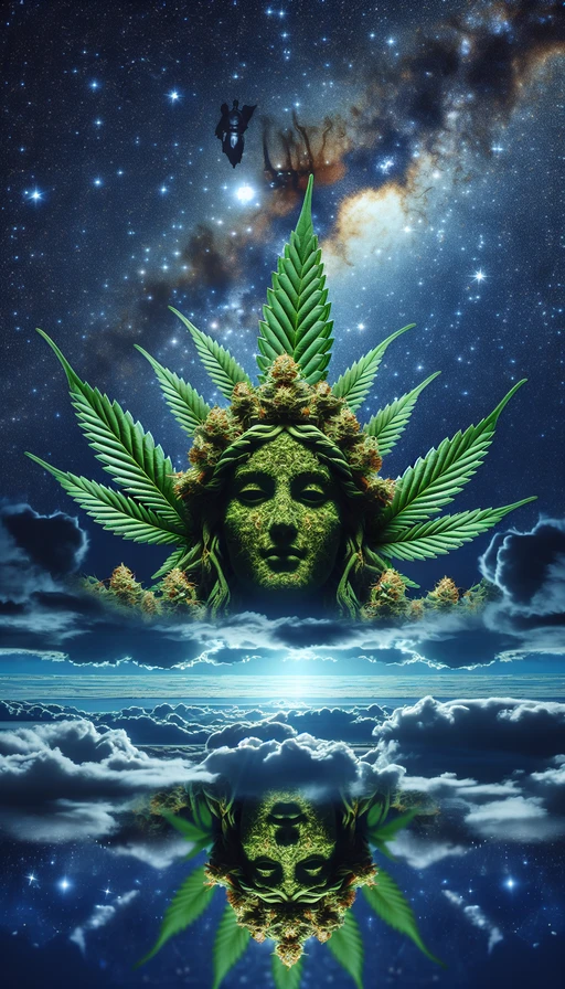 Una diosa antigua hecha de hojas de cannabis observa desde el cielo estrellado. Modo vertical, con un enfoque en la conexión mística entre la naturaleza y el cosmos.