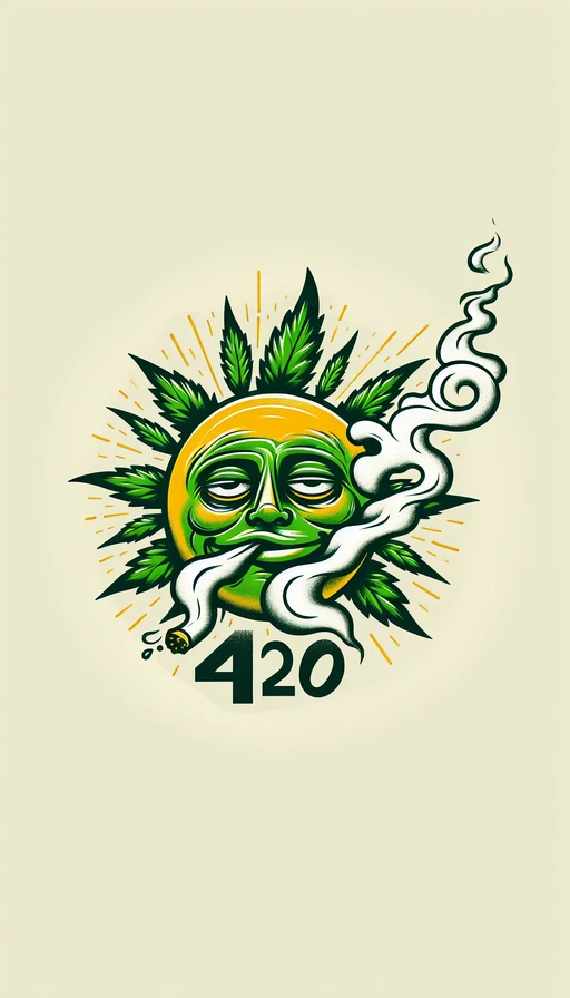 Un sol verde y amarillo, con rostro relajado y ojos entrecerrados, flotando en un cielo claro. A su alrededor, el humo se arremolina formando la cifra "420" con precisión. Fondo limpio, sin texto adicional. Modo vertical y estilo artístico.