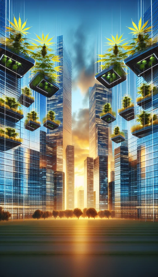 Una ciudad futurista con rascacielos de cristal, donde las plantas de cannabis crecen en jardines colgantes en las alturas. El cielo tiene un atardecer dorado que refleja en los edificios. Modo vertical.