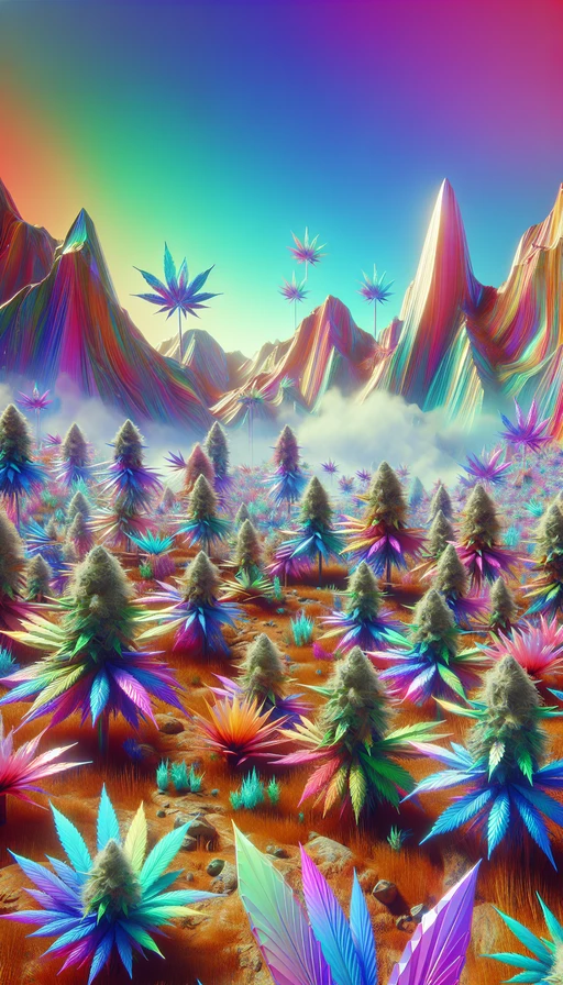 Un paisaje onírico donde plantas de cannabis brotan en coloridos cristales. Mode vertical.