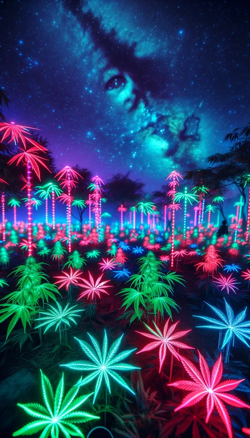 Un jardín de ensueño con luces de neón donde las hojas de cannabis brillan intensamente bajo el cielo estrellado. Modo vertical.