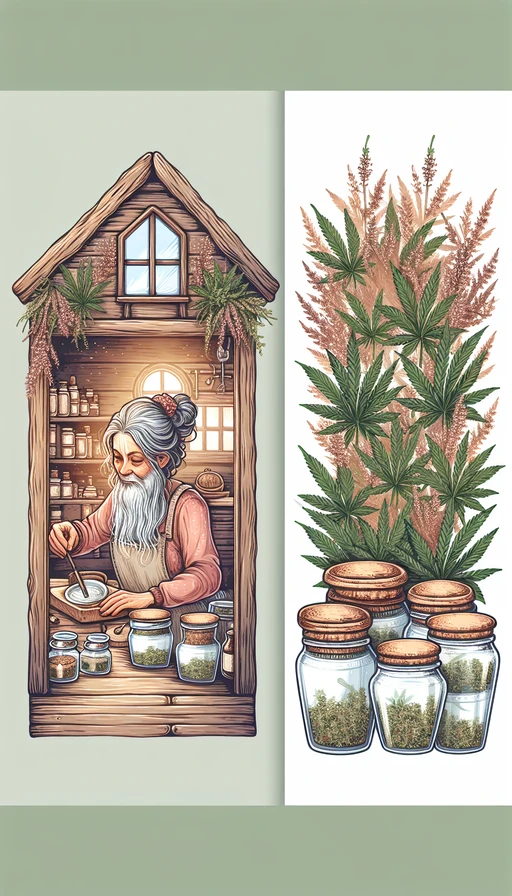 Una anciana sabia con cabello canoso en una coqueta cabaña, rodeada de frascos de hierbas, mientras prepara ungüentos y brebajes con hojas de cannabis. Técnica de ilustración con pinceladas suaves y colores cálidos. Modalidad vertical.