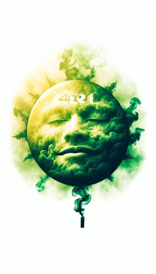 Un sol verde y amarillo con un rostro relajado y sereno, en lo alto de un cielo psicodélico. Del sol emana un humo denso y místico que forma con claridad el número "420" en el aire. Modo vertical, con un toque artístico que irradia calma y conexión con la naturaleza.