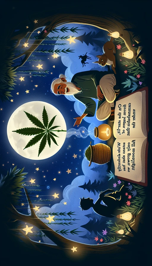 En una noche estrellada, un anciano sabio cuenta la historia de una planta legendaria de cannabis que crece solo bajo la luz de la luna llena. La atmósfera debe ser mística y llena de detalles mágicos. Modo vertical.