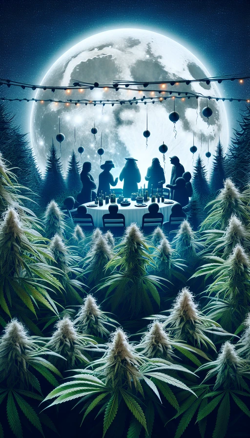 Una fiesta bajo la luna llena en un jardín de cannabis, donde las plantas parecen susurrar secretos bajo la luz plateada. Modo vertical.