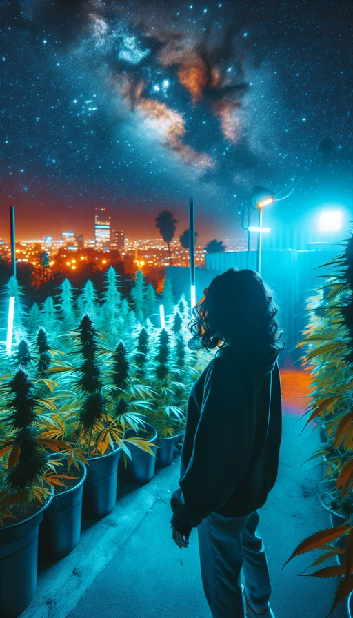 Una mujer en un jardín de cannabis bajo un cielo estrellado, iluminada por luces de neón. Modo vertical.