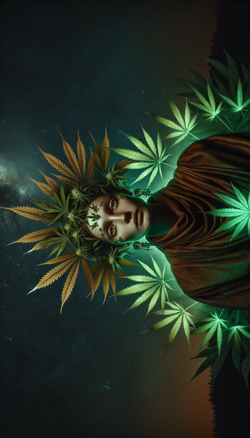 Un retrato místico de una diosa de la naturaleza rodeada de hojas de cannabis resplandecientes, con un cielo estrellado en el fondo. Modo vertical.