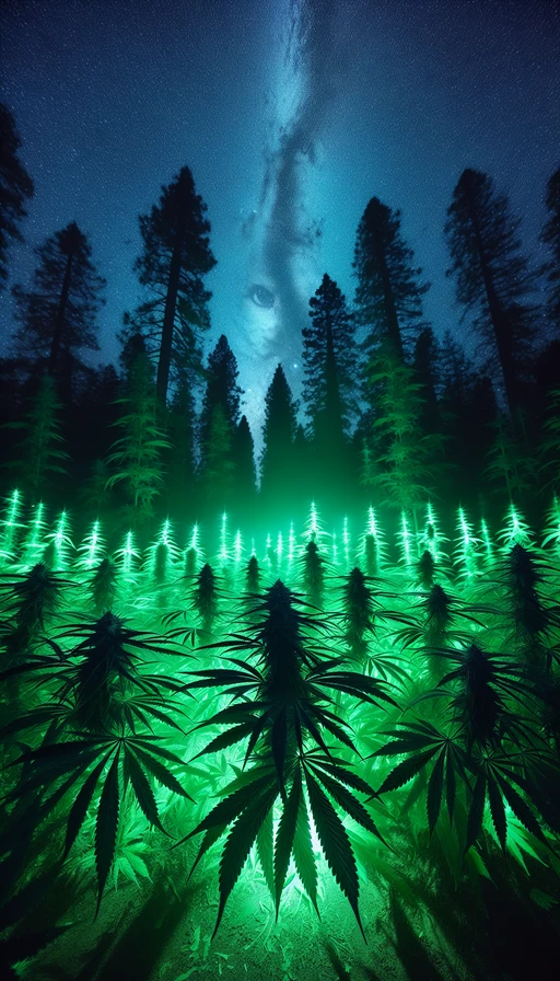 Un bosque encantado donde las hojas de cannabis brillan con luz verde bajo un cielo estrellado. Modo vertical.