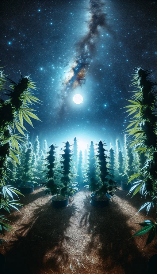 Un jardín de cannabis iluminado por la luz de la luna, con un cielo estrellado brillante y una atmósfera etérea. Modo vertical.