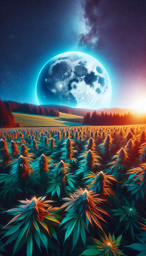 Un paisaje onírico donde una luna gigante ilumina un campo de cannabis que parece de otro mundo. Modo vertical.