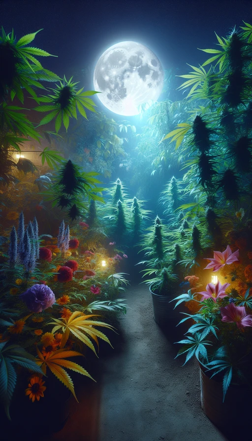 Un jardín secreto iluminado por la luz de la luna, donde las plantas de cannabis crecen entre coloridas flores exóticas. Modo vertical.