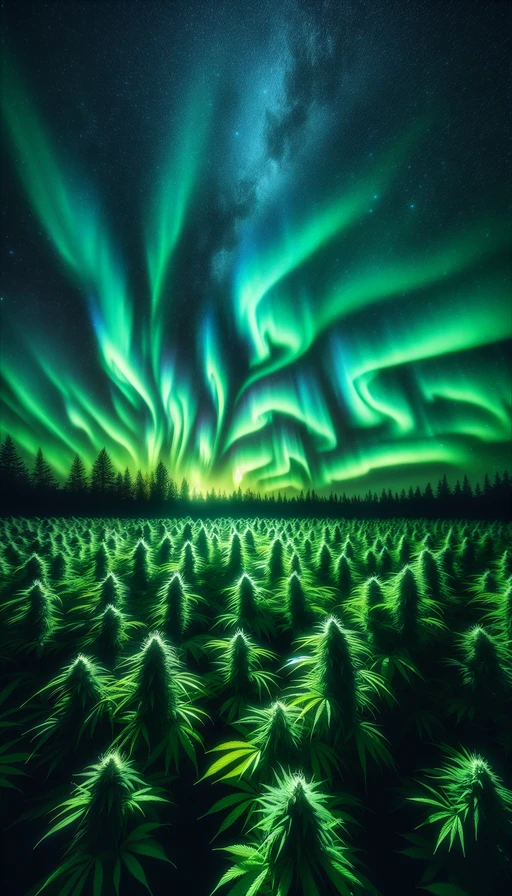 Una aurora boreal baña un campo de cannabis en una noche estrellada. Modo vertical.