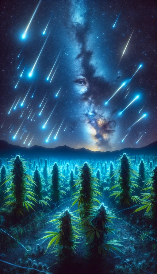 Un paisaje nocturno surrealista donde las plantas de cannabis brillan intensamente bajo una lluvia de estrellas fugaces. Modo vertical.