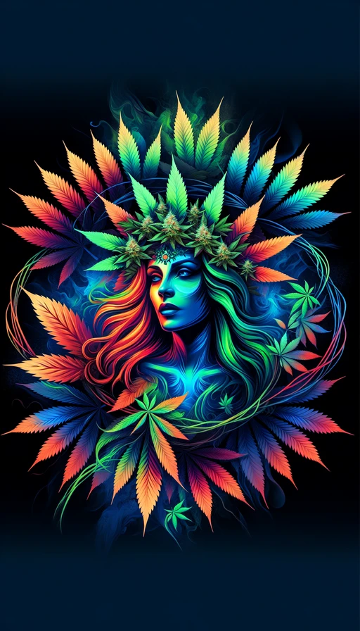 Un retrato surrealista de una diosa de la naturaleza rodeada de hojas de cannabis. Usa colores vibrantes. Modo vertical.