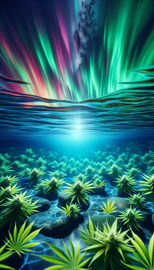 Un mundo submarino donde las algas son hojas de cannabis, iluminado por una aurora de colores brillantes sobre el agua. Modo vertical.