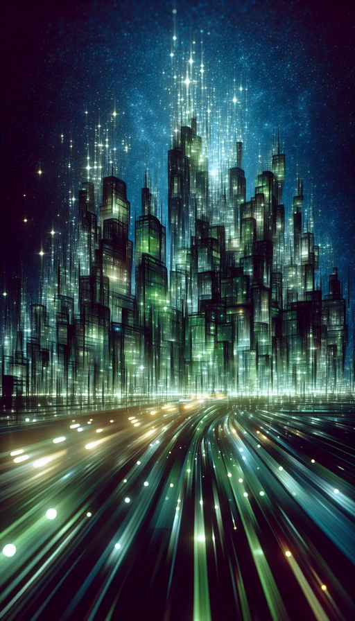 Una ciudad futurista con edificios en forma de hojas y luces verdes resplandecientes. Modo vertical, estilo artsy.