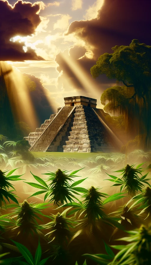 Un antiguo templo maya escondido entre un mar de hojas de cannabis, con luces doradas filtrándose a través de las nubes creando un ambiente místico. Modo vertical.