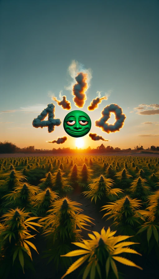 Un sol verde y amarillo en el horizonte con un rostro adormilado. Nubes de humo crean el número "420" en el cielo. La luz del sol baña suavemente un campo de cannabis. Modo vertical.