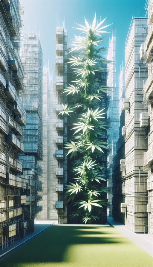 Un paisaje urbano futurista donde las edificaciones están integradas con enormes plantas de cannabis, abarcando fachadas y tejados. Modo vertical, estilo cyberpunk.