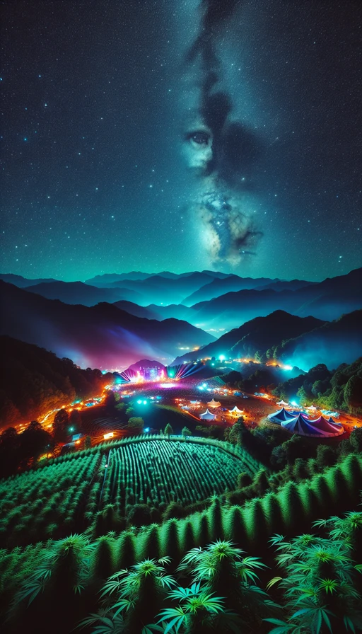 Un festival nocturno en la montaña con luces psicodélicas y campos de cannabis iluminados bajo un cielo estrellado. Estilo artístico. Modo vertical.