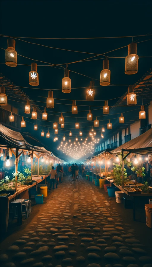 Un mercado nocturno en un pueblo latinoamericano, con luces colgantes y plantas de cannabis decorando los puestos. Modo vertical.