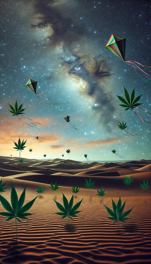 Un paisaje surrealista donde las hojas de cannabis flotan en el aire como cometas bajo un cielo estrellado. Modo vertical.