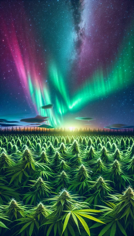 Un cielo estrellado que ilumina un campo de cannabis, con una aurora boreal en el horizonte y una atmósfera mágica. Modo vertical.