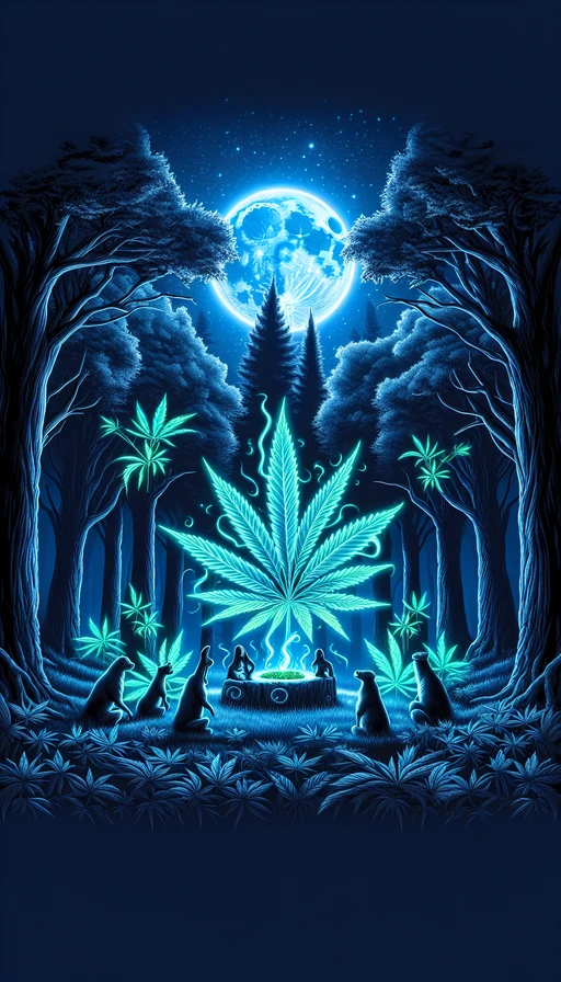 Un bosque místico bajo la luz de la luna, donde las hojas de cannabis emiten un suave brillo fluorescente y las criaturas del bosque se reúnen en un rito ancestral. Modo vertical.