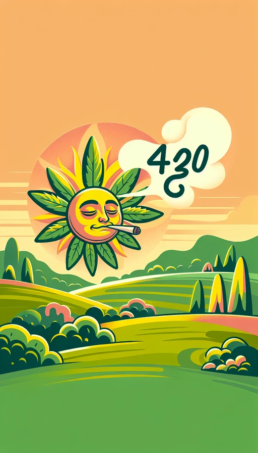 Un soleado paisaje donde el sol, con una cara adormilada y colores verde y amarillo, es el protagonista. Su rostro irradia tranquilidad mientras exhala una nube de humo que serpentea formando el número "420". Todo está bañado en una atmósfera cálida y relajante. Modo vertical.