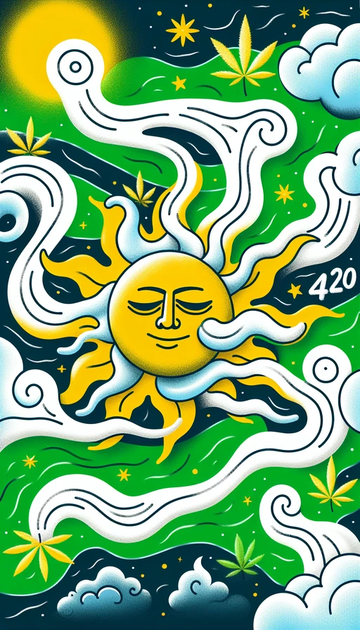 Un sol verde y amarillo con una cara adormilada, descansando en un cielo abstracto. Nubes de humo sinuosas que forman claramente el número "420" flotan alrededor, creando una atmósfera relajada y artística. Modo vertical.