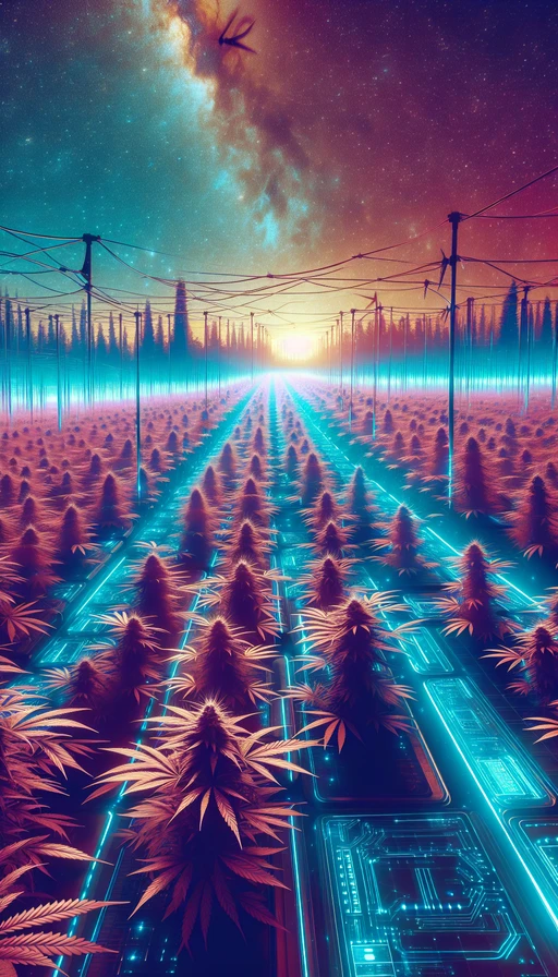 Un paisaje del futuro donde la naturaleza se ha fusionado con la tecnología en inmensas plantaciones de cannabis. Los cielos brillan en tonos surrealistas. Modo vertical.