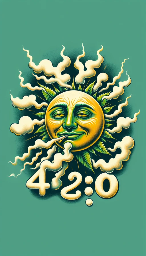 Un sol verde y amarillo con un rostro relajado flotando en un cielo surrealista. Alrededor de él, nubes de humo se entrelazan para formar perfectamente los números "420". Vertical y artístico. No más texto.