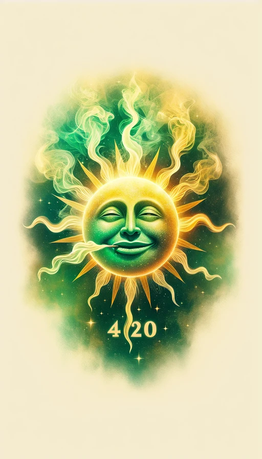 Un sol verde y amarillo con una expresión soñadora. Rayos de luz etéreos que se transforman en humo y forman claramente el número "420". Modo vertical, sin ningún texto adicional.