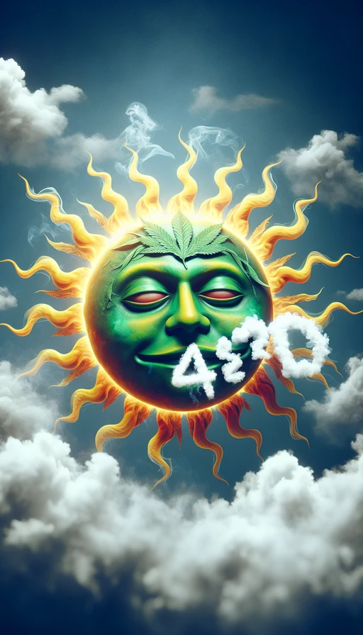 Un sol verde y amarillo con un rostro relajado y ojos entrecerrados, flotando en un cielo surrealista. El humo que rodea al sol forma la cifra "420" de manera clara y destacada. Modo vertical.