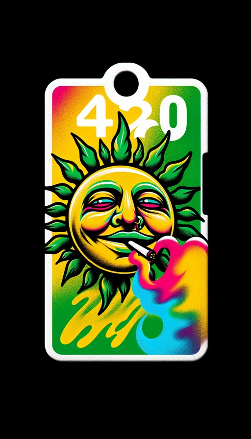 Un sol verde y amarillo con cara relajada al estilo psicodélico. De su boca se eleva humo de colores vibrantes que forma el número "420" en el cielo. Modo vertical.