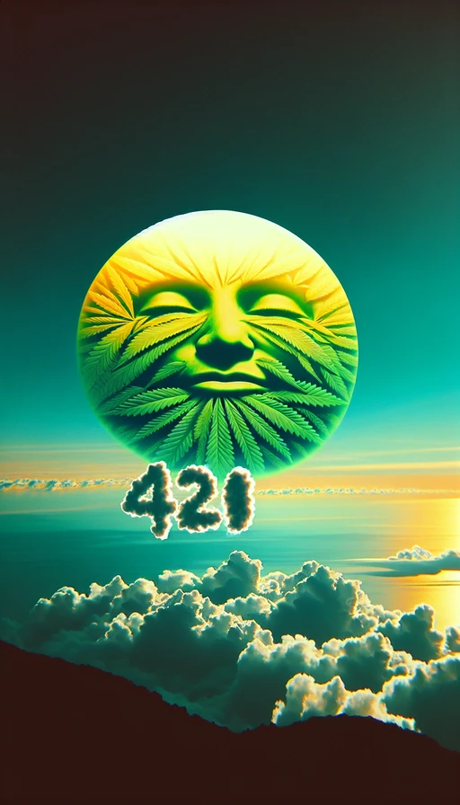 Un sol verde y amarillo en el horizonte con una cara relajada. Nubes de humo formando el número "420" con precisión en el cielo claro. Modo vertical, estilo psicodélico.