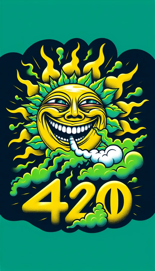 Un sol verde y amarillo, sonriente y con ojos entrecerrados, flotando en un cielo psicodélico. De su boca, el humo se eleva formando el texto "420" claramente. Modo vertical.