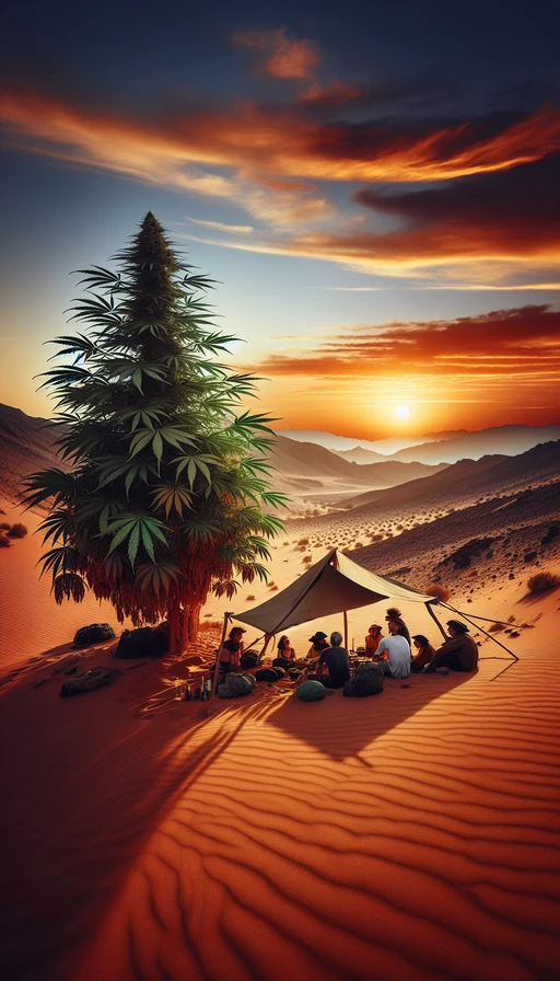 Una puesta de sol en un desierto, donde una planta de cannabis gigante ofrece sombra a un grupo de viajeros. Modo vertical.