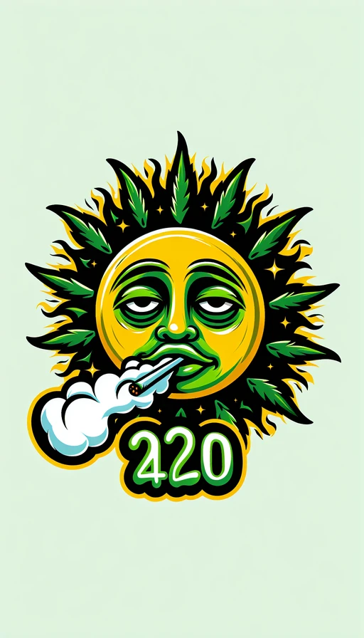 Un sol verde y amarillo en el horizonte, con un rostro relajado y ojos soñolientos. En su aliento, nubes de humo flotan formando el número "420". Modo vertical.