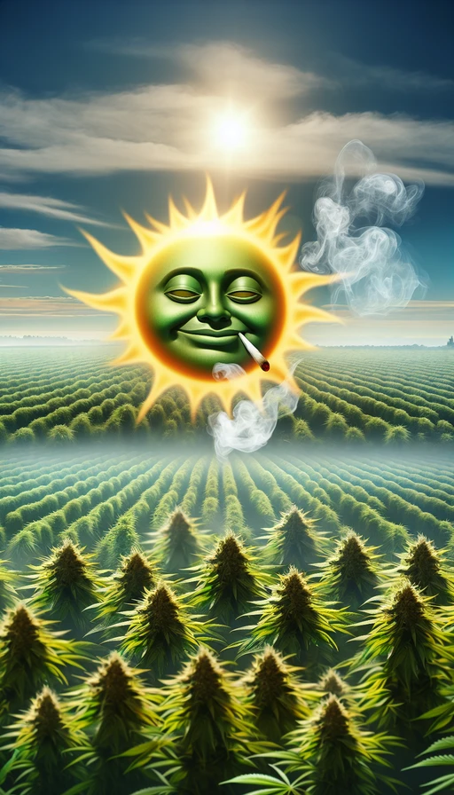 Un sol verde y amarillo, con un rostro relajado y ojos entrecerrados, se eleva sobre un horizonte lleno de campos de cannabis. Nubes de humo se arremolinan suavemente en el cielo, delineando claramente el número "420". Fondo etéreo y onírico. Modo vertical.