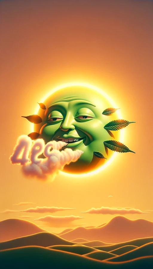 Un sol verde y amarillo con rostro relajado en pleno éxtasis, flotando sobre un cielo cálido. Su brillo ilumina una nube de humo que se arremolina suavemente formando el número "420". El ambiente refleja tranquilidad y una conexión natural con la hora mágica. Modo vertical.