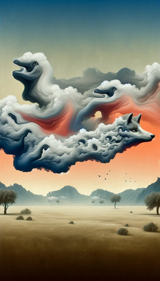 Un paisaje onírico con nubes de humo que se transforman en curiosos animales. Estilo surrealista. Modo vertical.