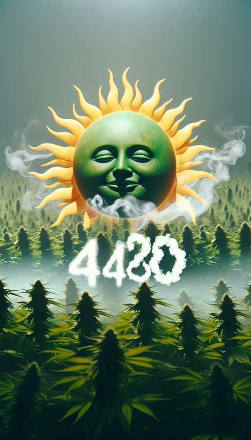 Un sol verde y amarillo con un rostro relajado y soñador, elevándose sobre un campo de cannabis. Humo denso y etéreo se arremolina en el aire, formando claramente la cifra "420". Modo vertical.