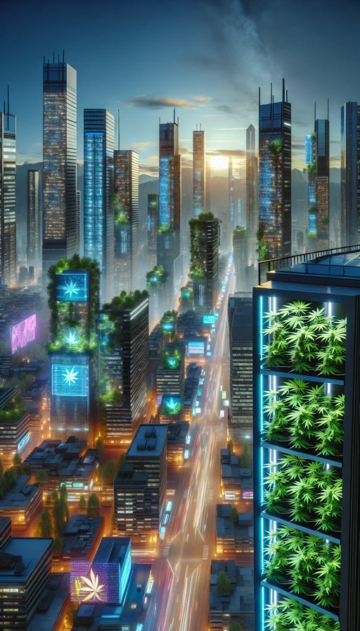 Un paisaje urbano futurista donde los edificios tienen jardines verticales de cannabis. Modo vertical.