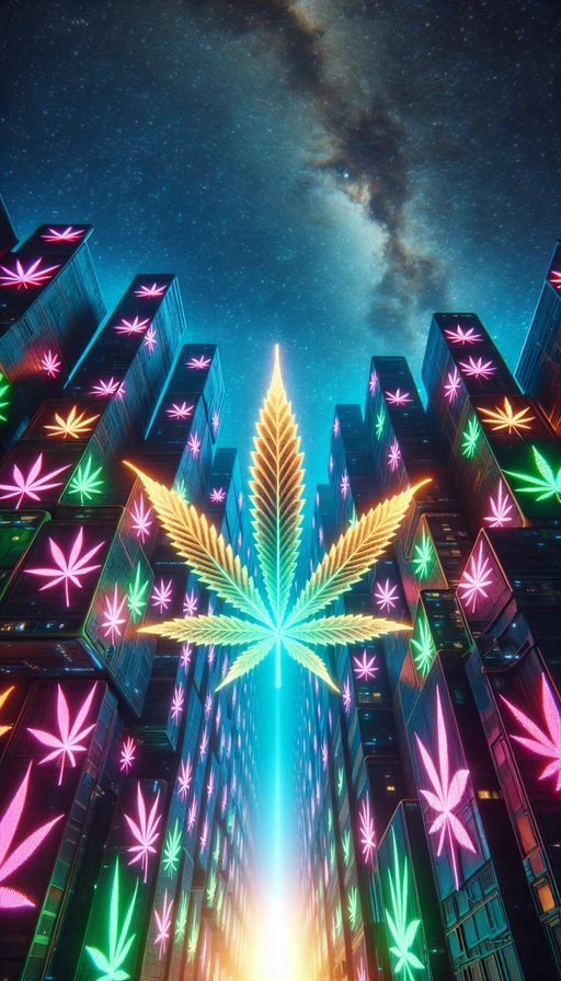 Una surrealista ciudad futurista donde los edificios son grandes hojas de cannabis iluminadas por luces de neón, con cielo estrellado. Modo vertical.